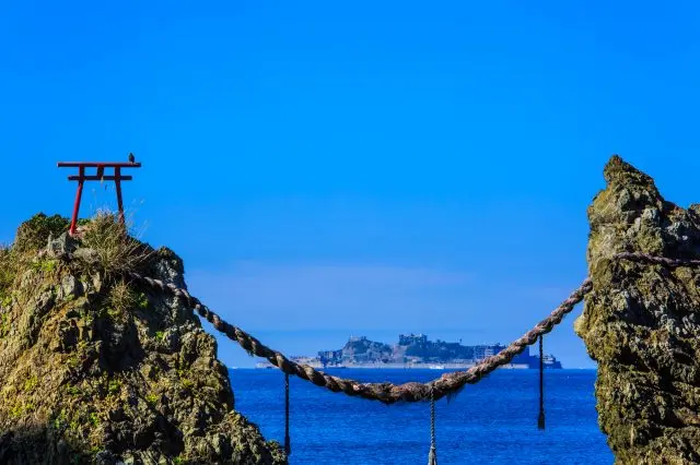 Hashima Island as seen between “Couple Rocks”