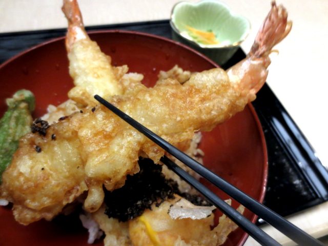 A tempura prawn