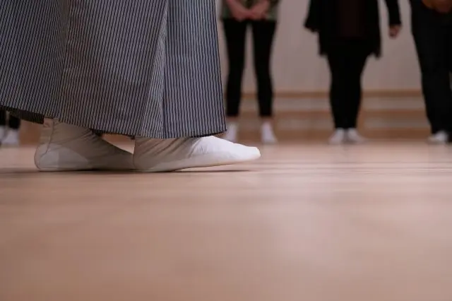 梅若師による「すり足」の手本。つま先が反っていないことが分かります。