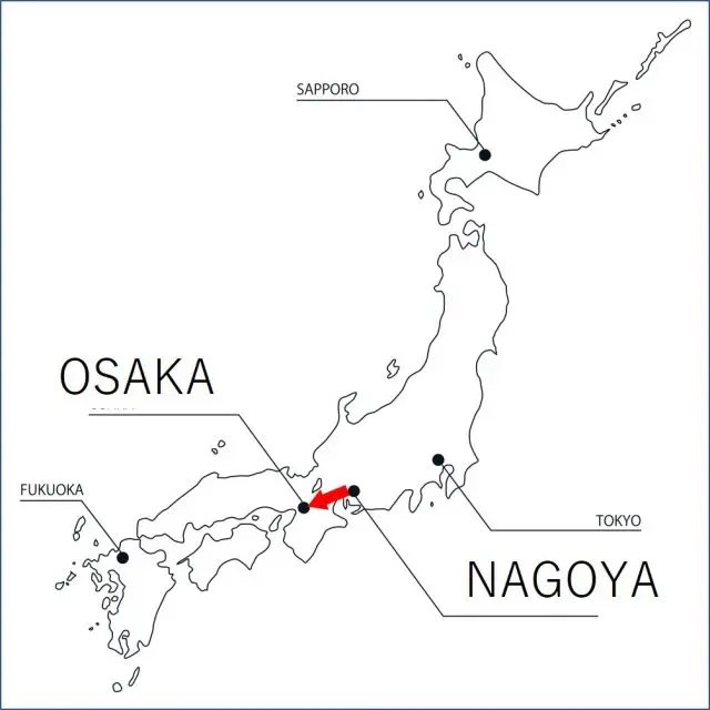 The relative locations of Nagoya and Osaka