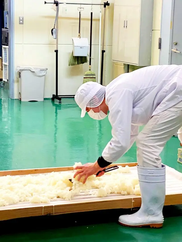 酒造りの現場を間近で見学。米の旨味を引き出すことにこだわり、添加物を一切使用しない江戸時代（1603-1868）の製法を採用しているそうです。