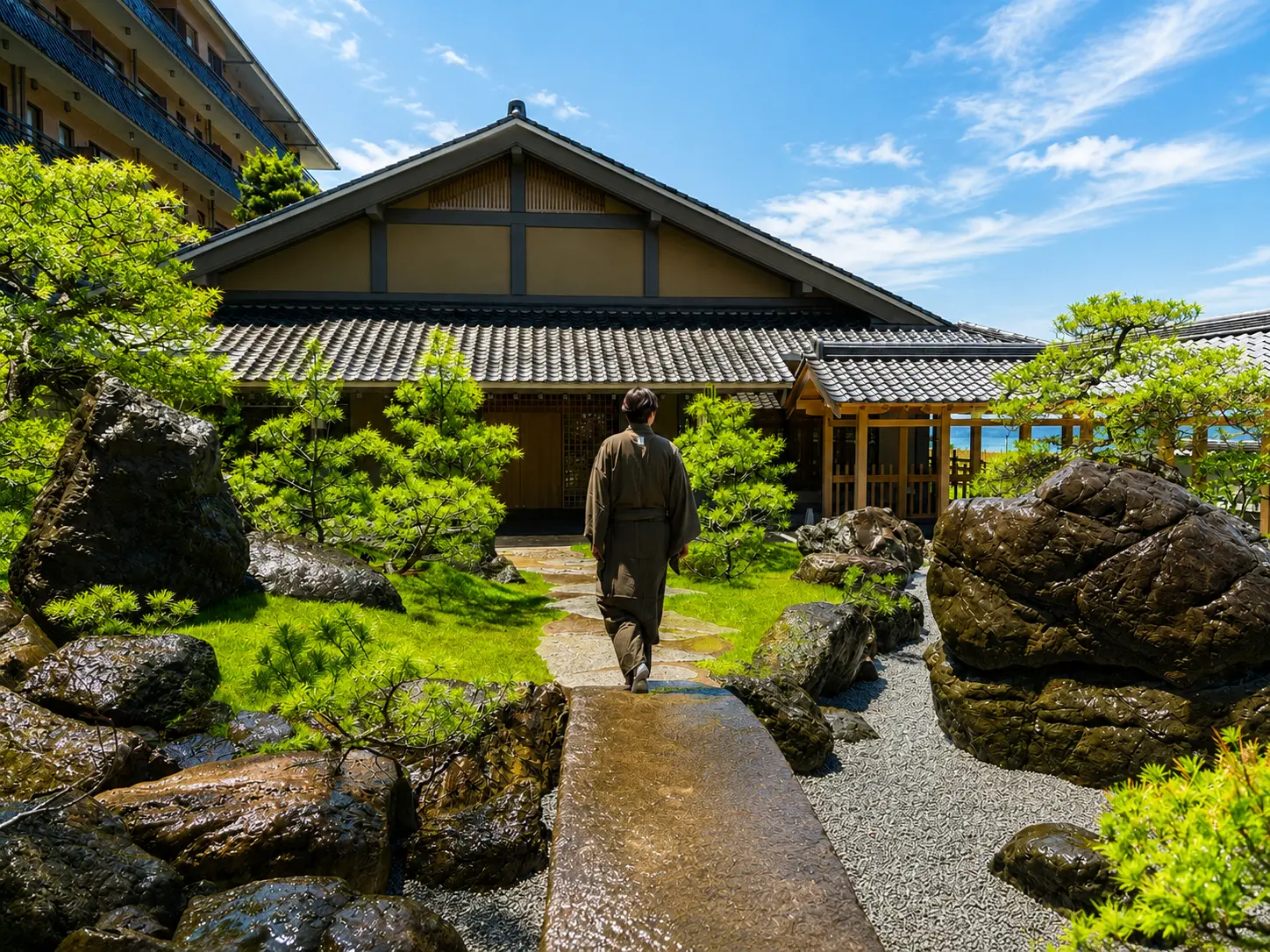 一邊在綠意盎然的庭園散策，一邊盡享靜謐的島嶼時光