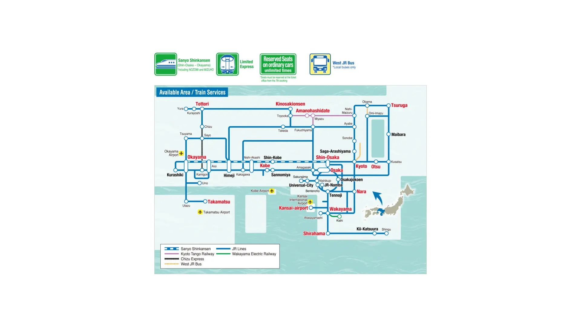 A money-saving pass covering Osaka, Kyoto, Kobe, Nara, and Shiga, as well as nearby areas such as Okayama