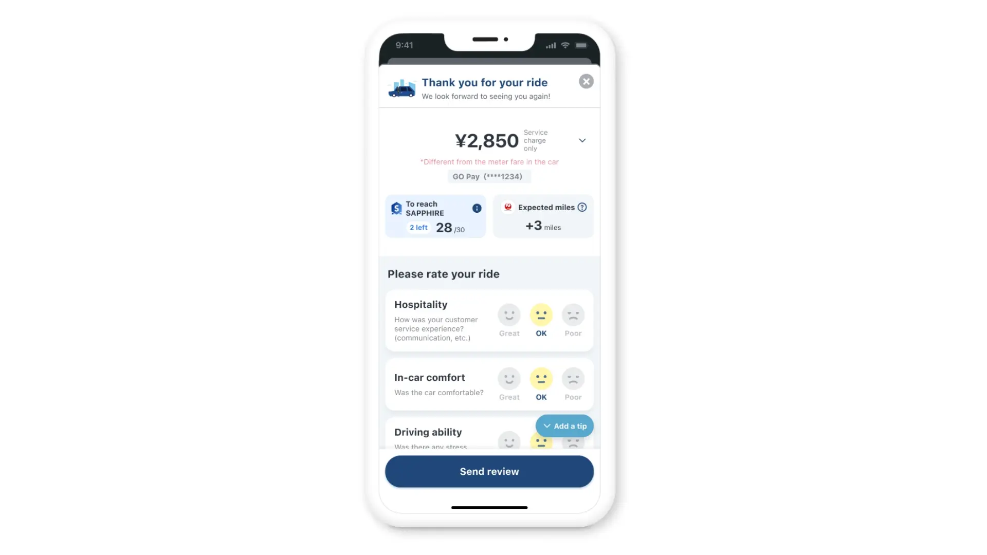 Check your fare and receipt in the app after your ride.
