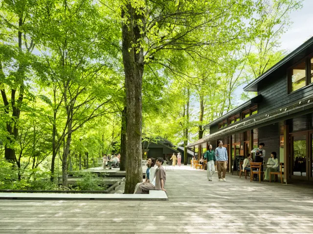 A facility surrounded by Japanese elm trees and a clear stream, where you can enjoy everything from shopping to dining