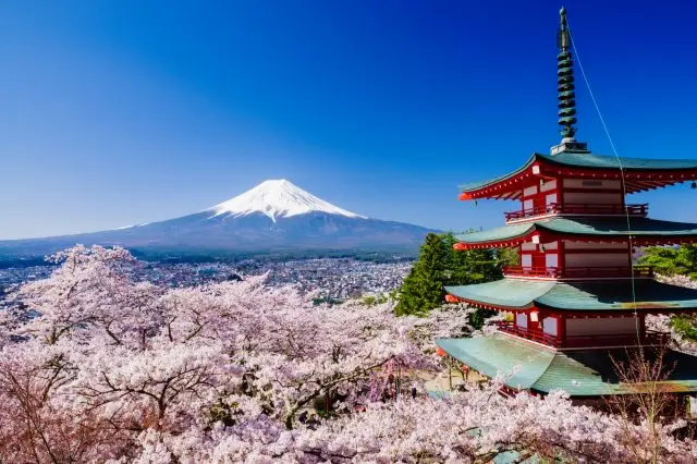 The cityscape of Yamanashi, with a view of Mount Fuji.