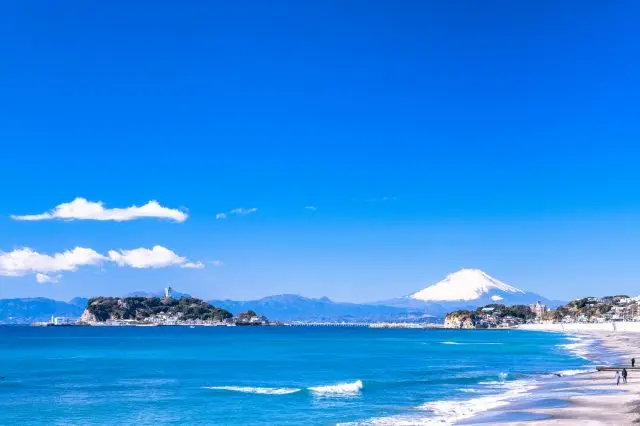 Enoshima Island and Mt. Fuji seen from the Shonan coast