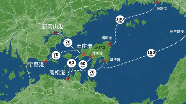 可从神户、姬路、冈山、高松前往（※地图内的所需时间为大致预估时间）