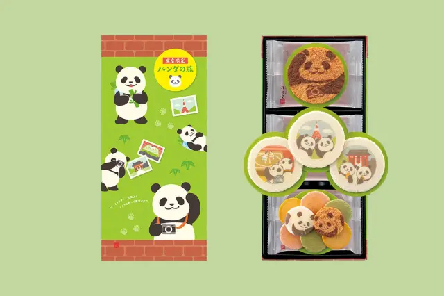 画有在东京地区畅游的可爱猫熊图案，东京限定的虾味仙贝