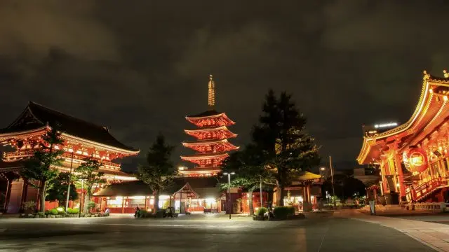 「浅草寺」和摩天大楼等现代建筑形成鲜明的对比，展示了东京「现在」和「过去」交错相融的独特魅力