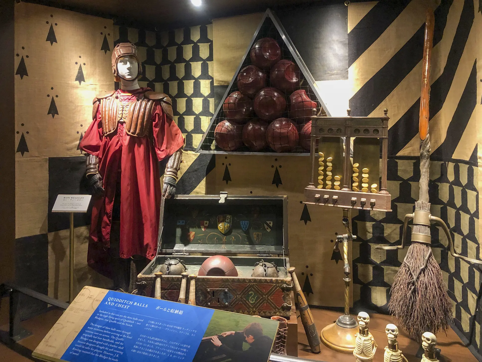 3 Different quidditch balls in the front storage case. Ron’s Quidditch robes stand in spotlight to the left.