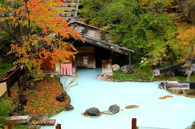 Foliage views even while soaking in an open-air bath at a hot springs inn
