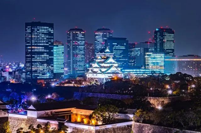 The illuminated castle tower of Osaka Castle is beautiful, even from a distance.