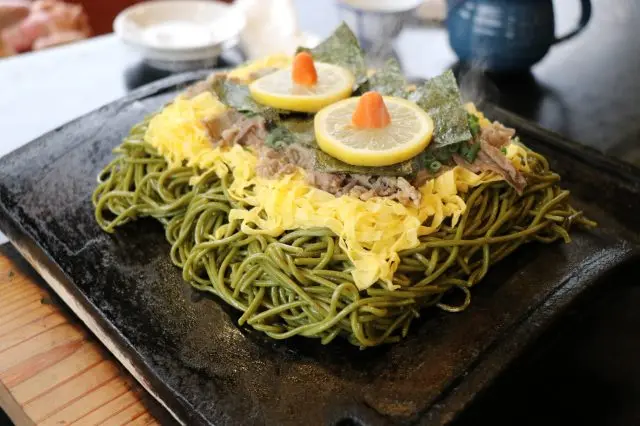 Kawara Soba, served up on a piping hot roof tile.