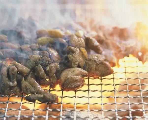 Charcoal-grilled Jidori Chicken, fully fired up over the coals.