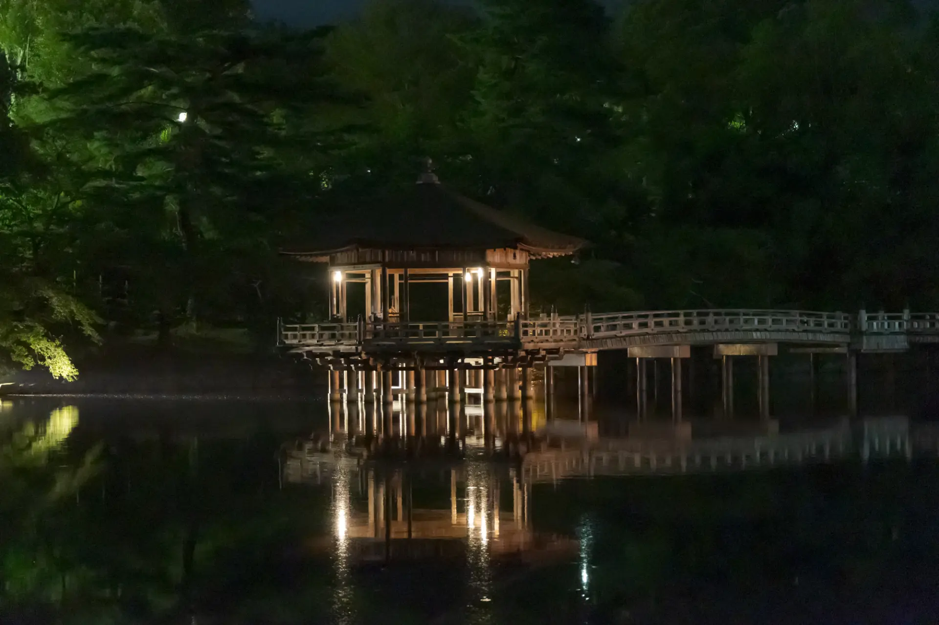 Ukimido Pavilion illuminated with an ethereal atmosphere
