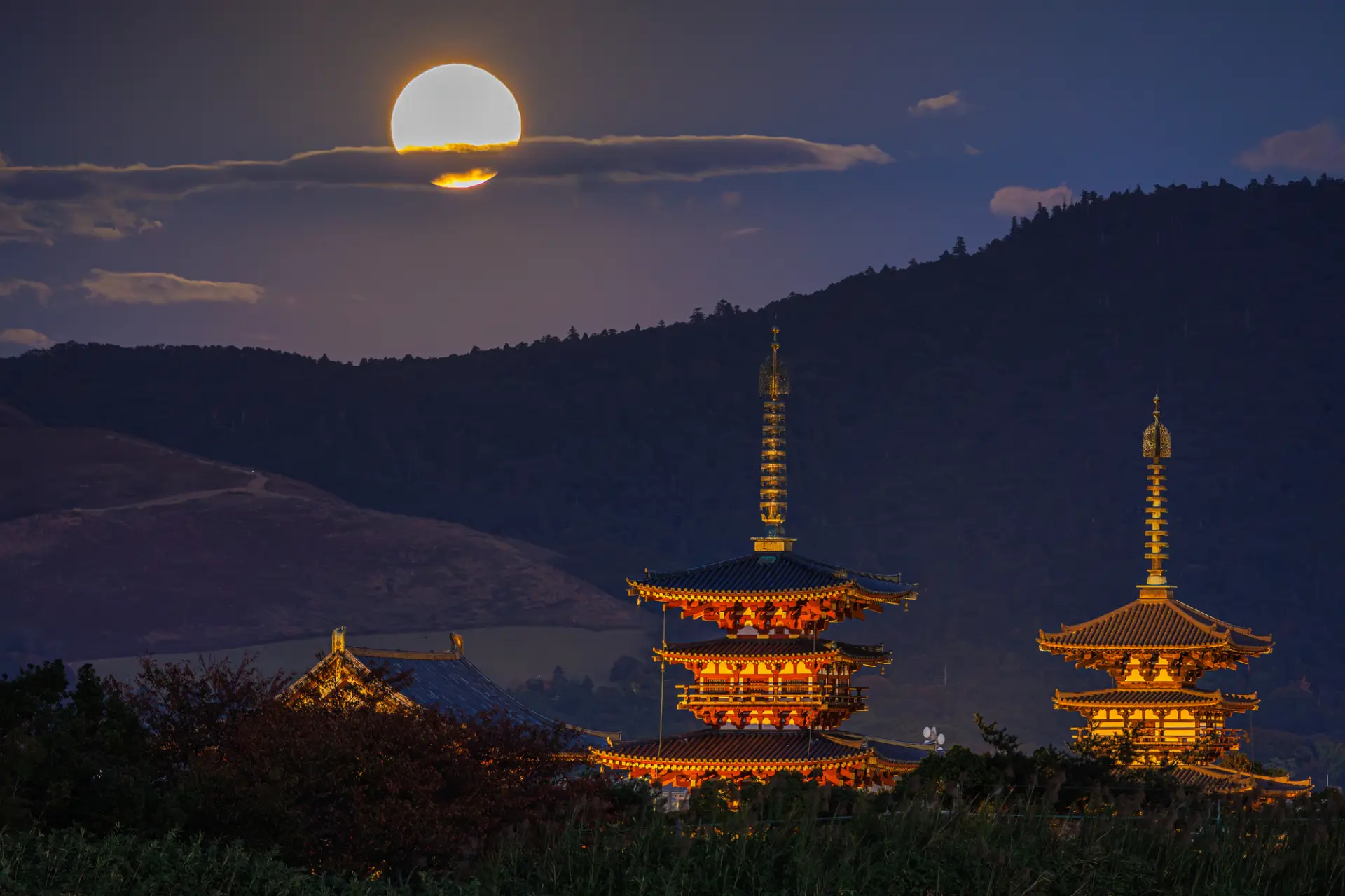 Yakushi-ji Temple’s East and West Pagodas in a dreamlike glow