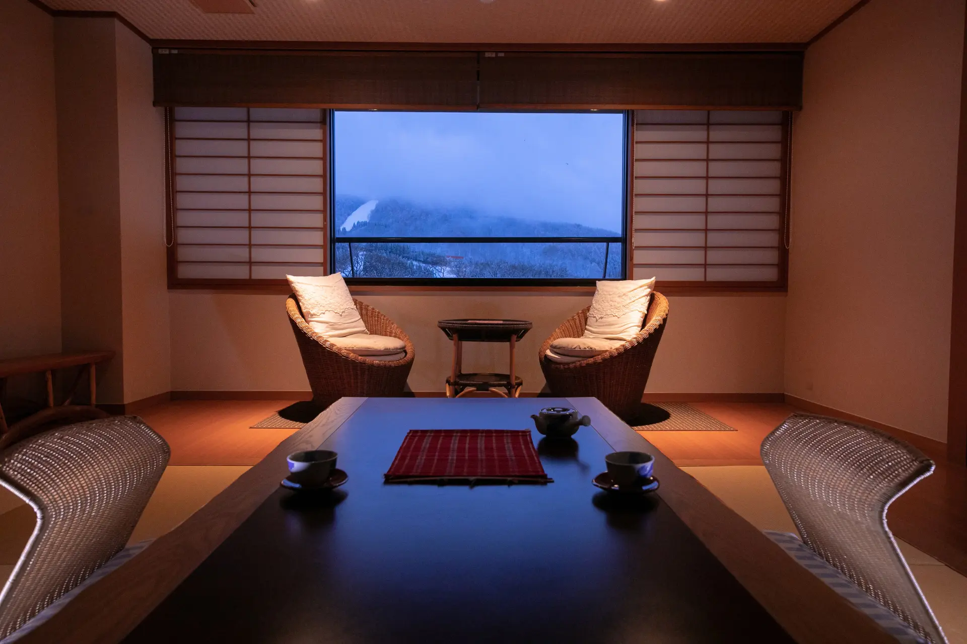 A hot spring inn associated with Mokichi Saito, with views of Zao from the windows
