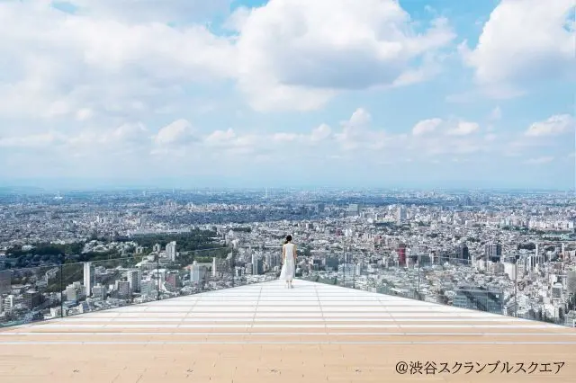 An open feeling observation space overlooking Tokyo's landmarks.