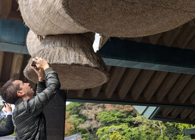 Marvel at the Grand Shimenawa Rope at the Kagura Hall