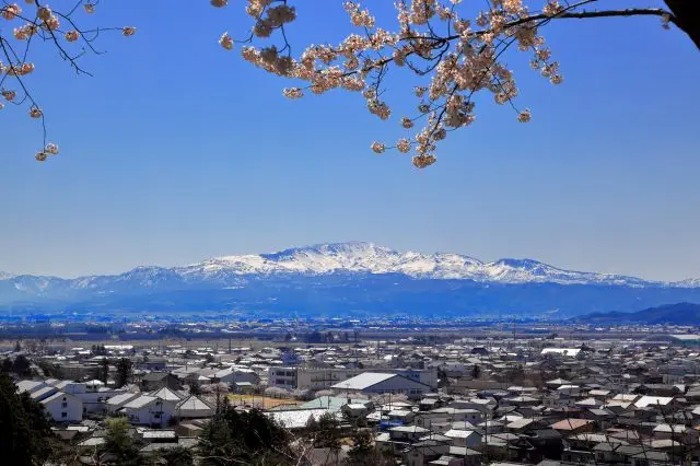 以月山为背景的鹤冈街市景观