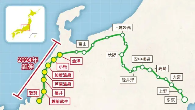 新开通后的北陆新干线路线图