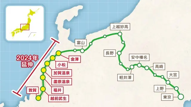 新開通後的北陸新幹線路線圖