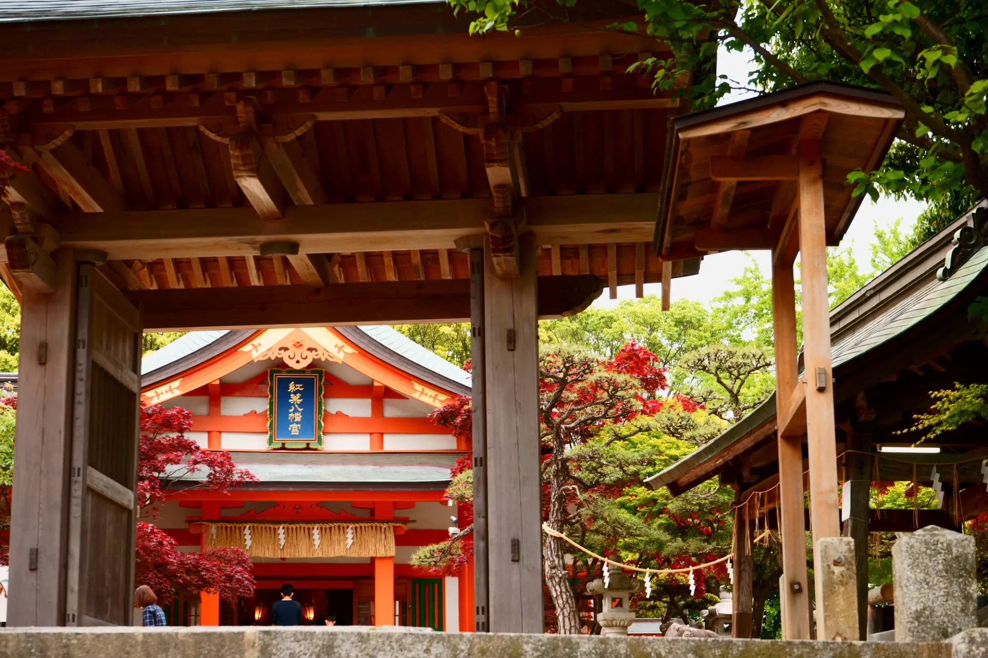 The worship hall of Momiji Hachimangu Shrine viewed through the shrine gate