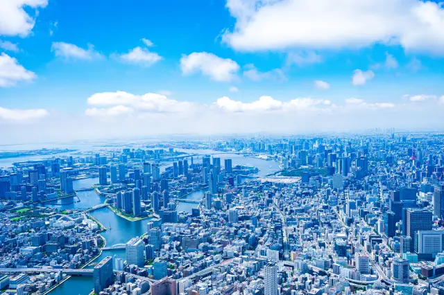 The Tokyo side of Tokyo Bay is lined with an urban cityscape.