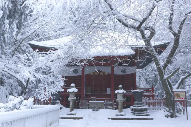 If it snows, you can enjoy a magical atmosphere as you visit Takao-san Yakuo-in.