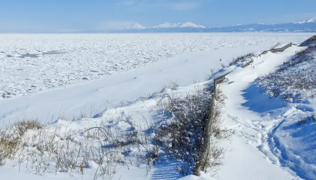 The Drift Ice Covering the Sea of Okhotsk in February and the Shiretoko Peninsula Standing Beyond