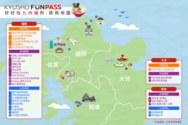 「九州 FunPASS」適用的設施地圖