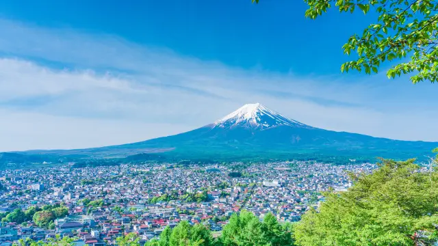 The townscape of Fujiyoshida spreading out at the foot of Mt. Fuji
