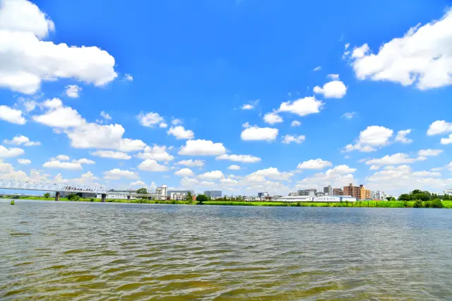 多摩川から望む「京王多摩川駅」方面