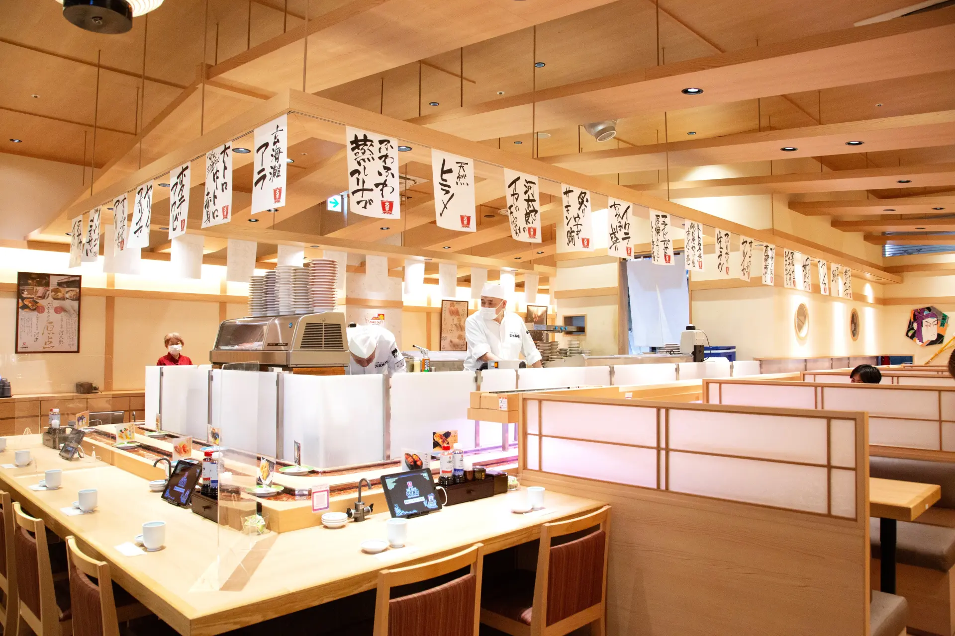 The interior has counter and booth-style table seating. Takeout is also available.