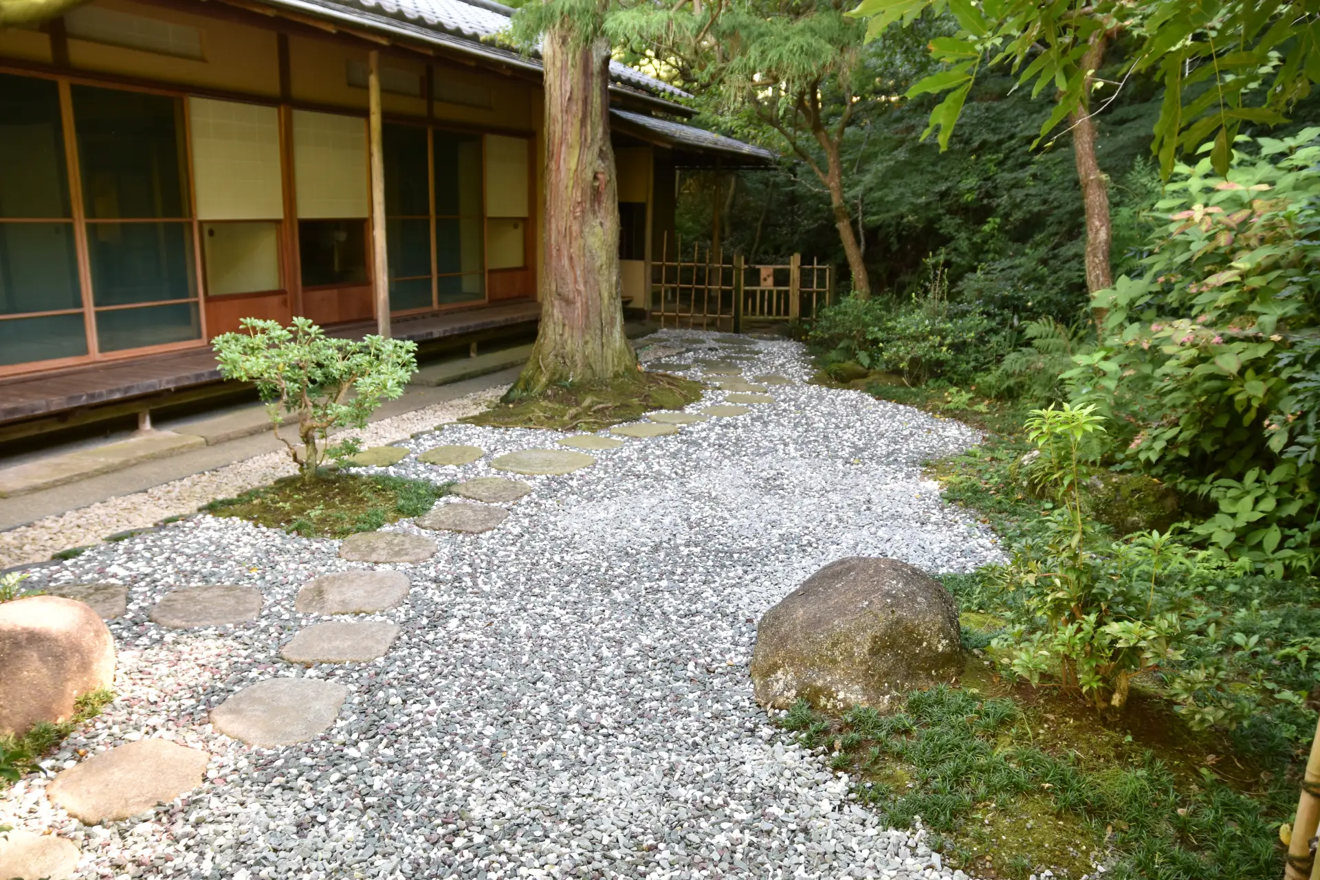 茶室の周りが木々に囲まれている「三檪庵」