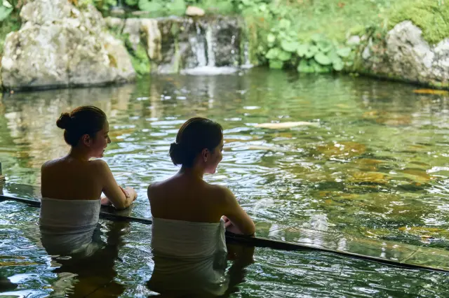 Beyond the open-air bath, you can also see koi swimming gracefully.