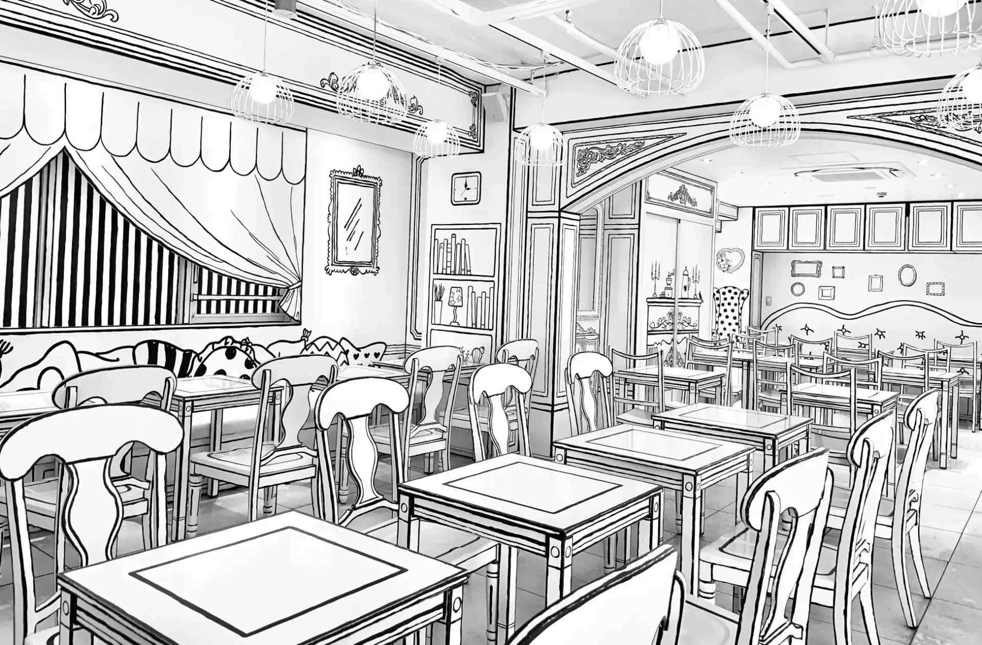 2次元の線画で描かれユニークな空間が広がるカフェ
