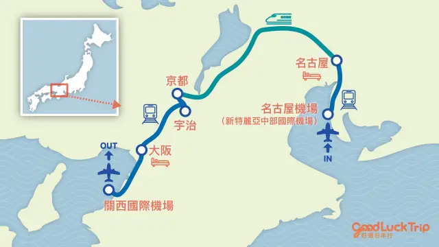從名古屋出發的關西旅遊行程路線圖