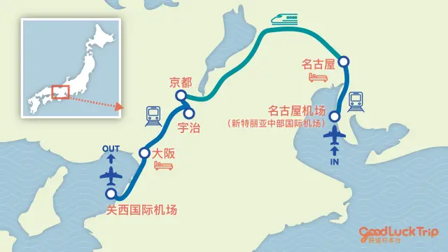 从名古屋出发的关西旅游行程路线图