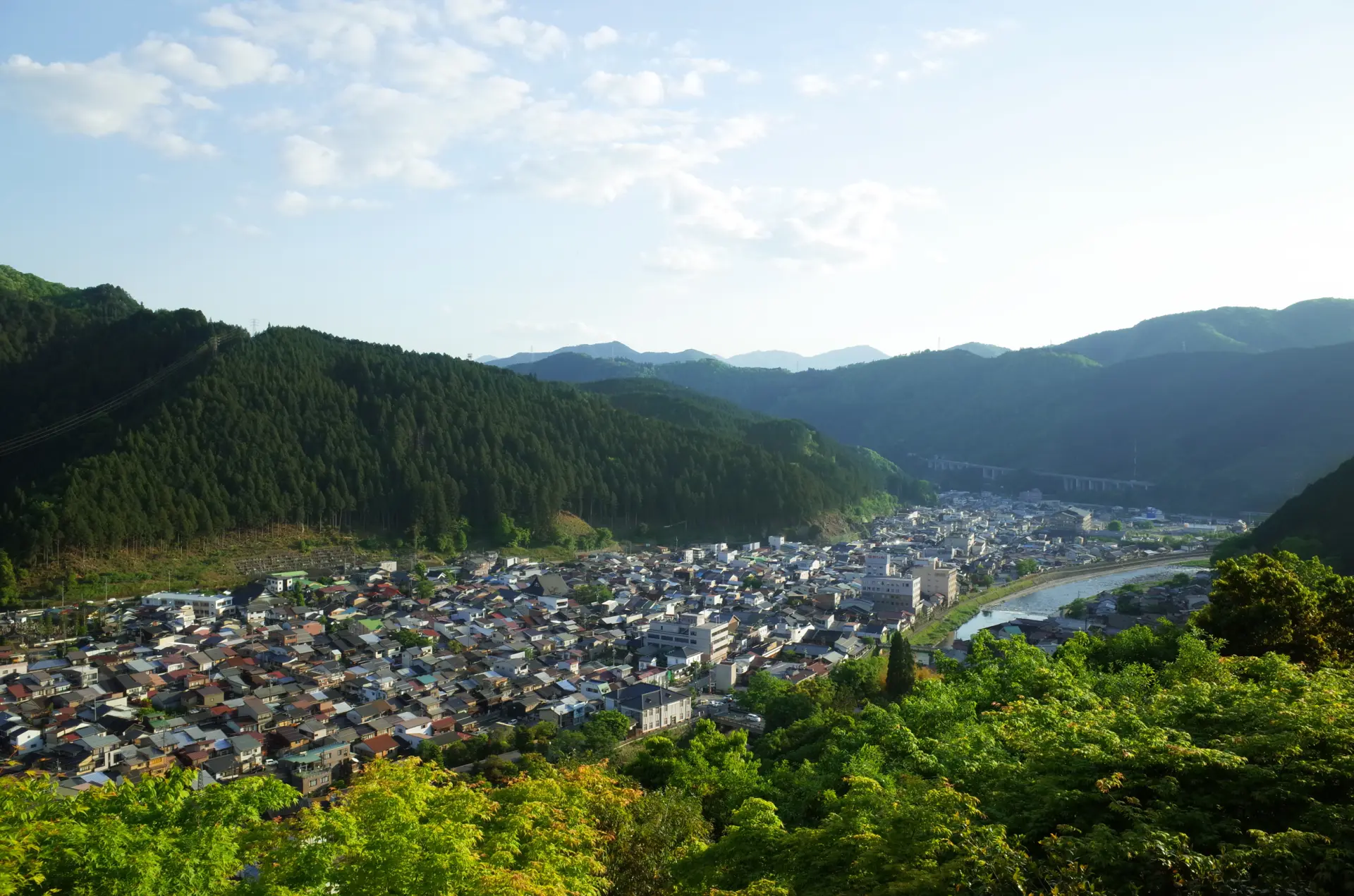 天守からは、鮎の形に見えるまち並みを一望することができる