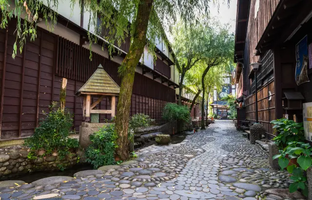 柳並木と玉石を敷き詰めた道が特徴の街路