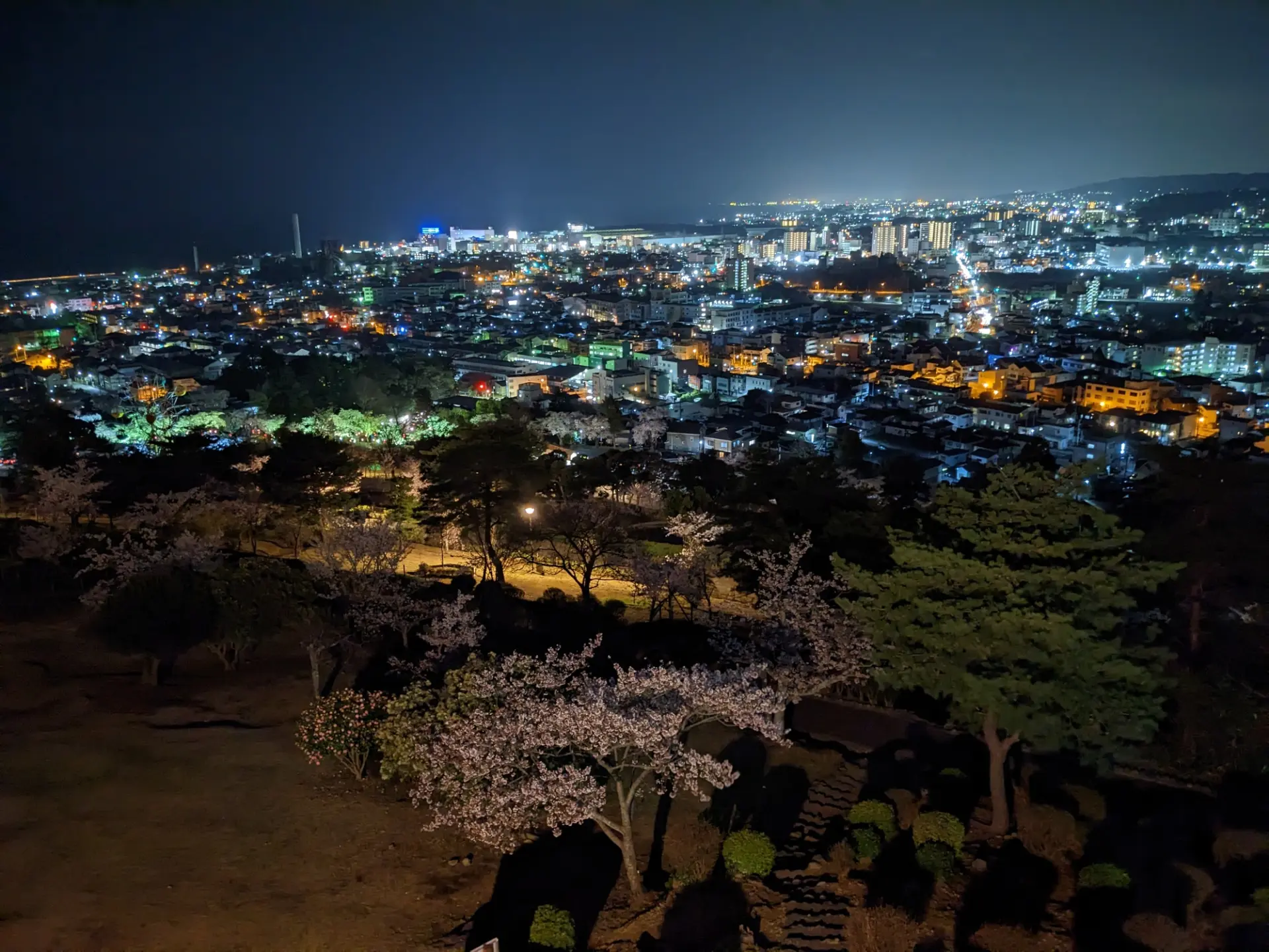 公園の頂上から見る日立市の街や工場の夜景