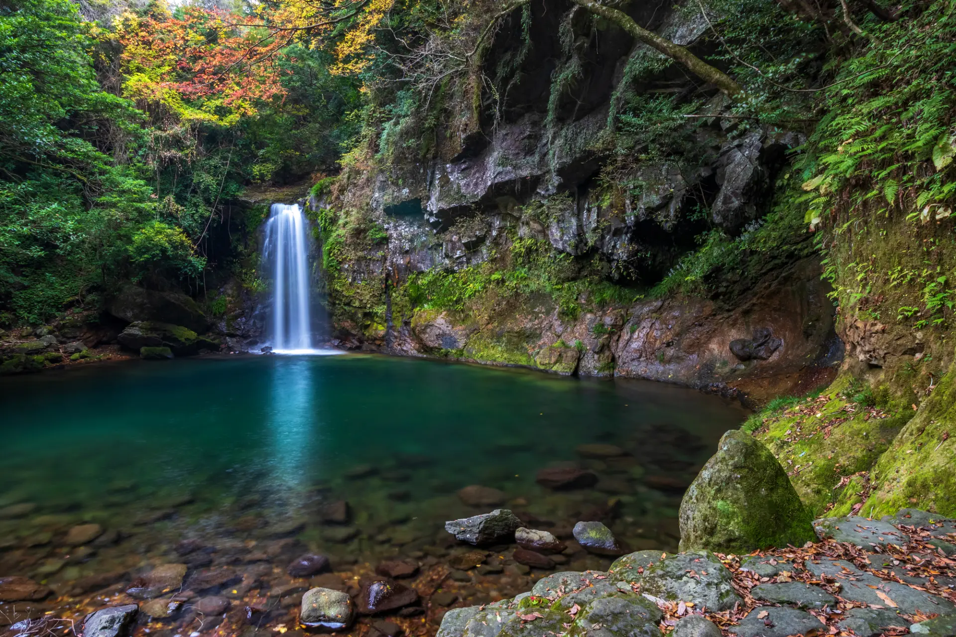 色づき始めた紅葉と滝が生み出す秋の絶景