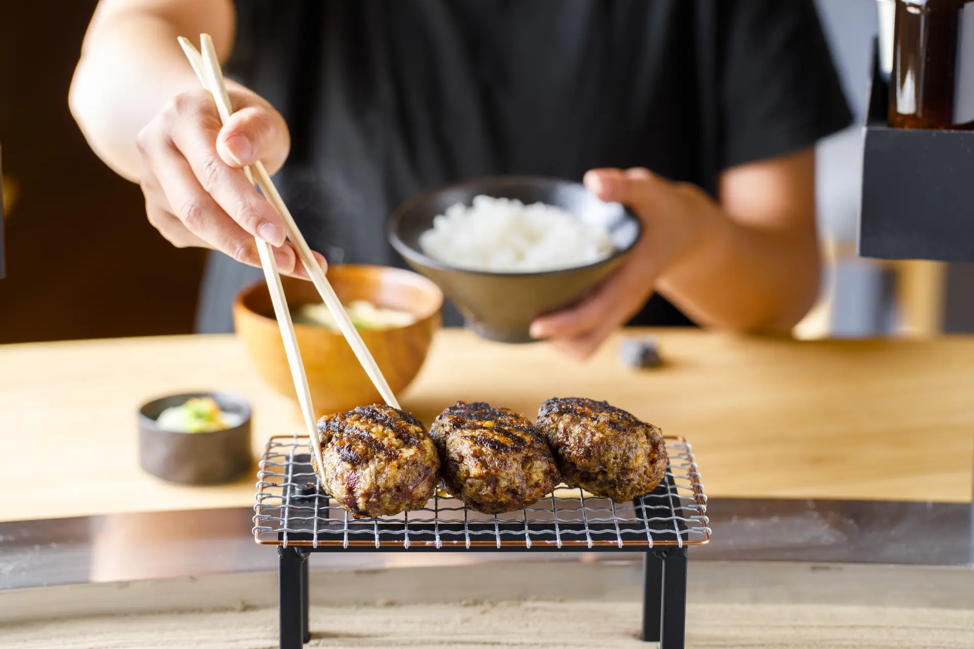 Ishikawa-grown white rice pairs perfectly with the hamburg steak.