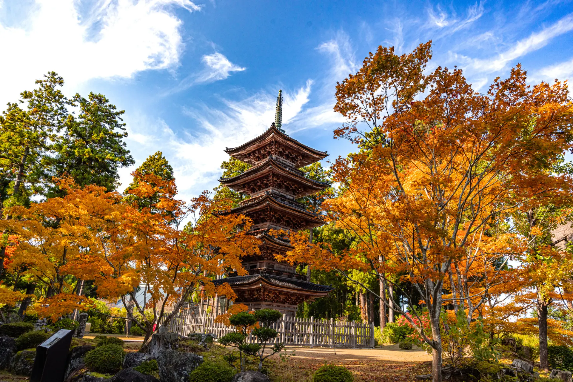 色鮮やかな紅葉と歴史ある五重塔の美しいコントラスト