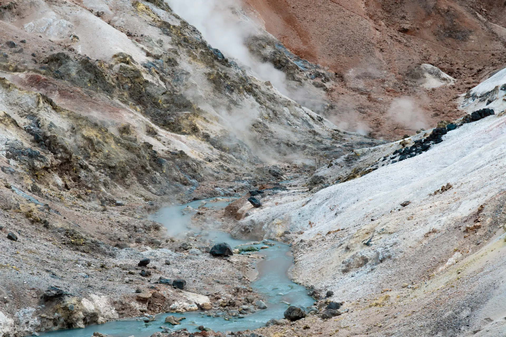 白煙を上げて湧き出す熱湯は、登別温泉の源泉としても知られる
