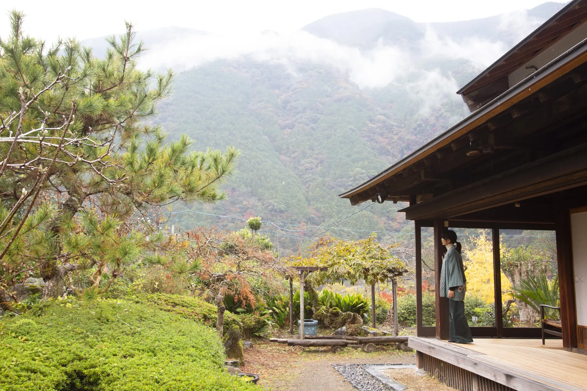 坐在緣側，欣賞隨季節變化的山景