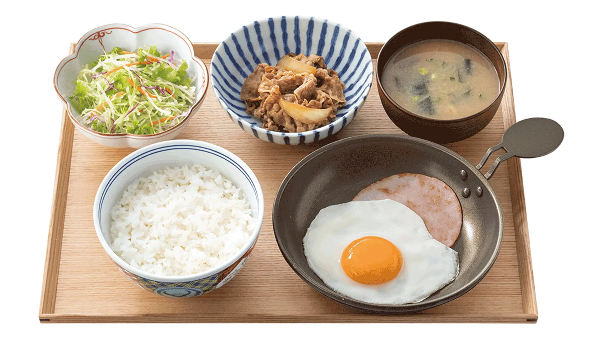 ハムエッグ牛小鉢定食