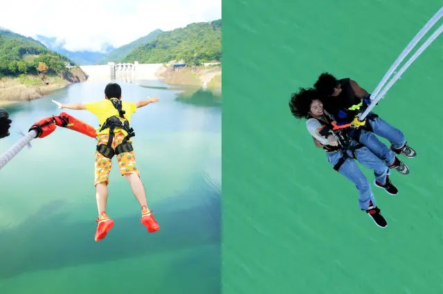 左图：朝向水库湖一跃而下！ / 右图：双人一齐跳下的双人跳